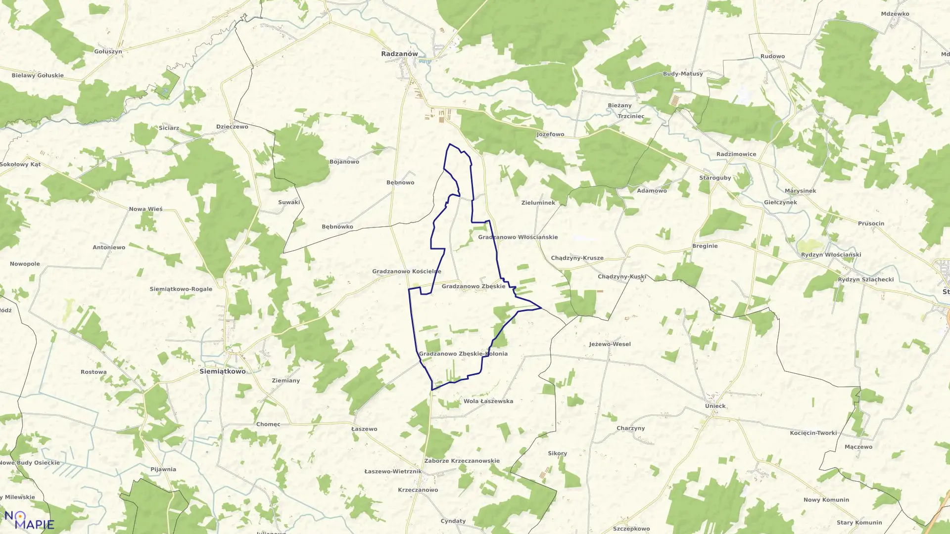 Mapa obrębu GRADZANOWO ZBĘSKIE w gminie Radzanów